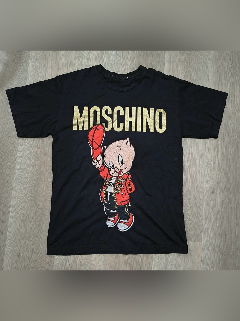 Moschino Black Tee with Gold Logo and Red Cartoon Piglet